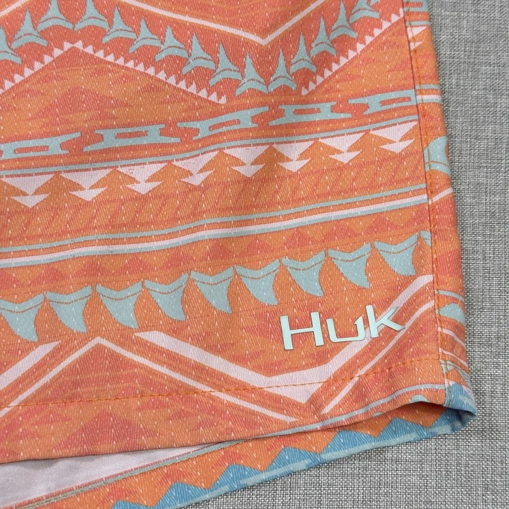 Huk Swim Trunks Shorts Mens‎ 2XL (44) Orange Geometric Mesh Lined Drawstring